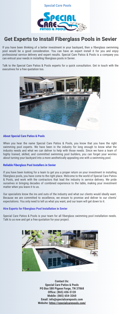Get Experts to Install Fiberglass Pools in Sevier - by specialcare pools [Infographic]